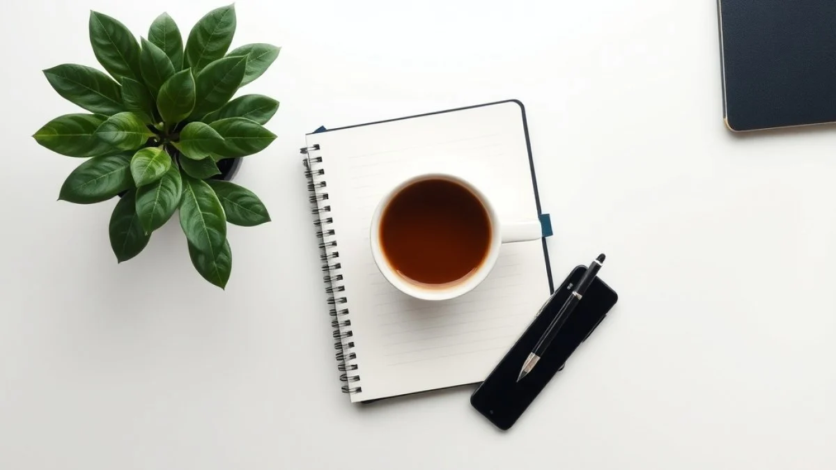 Mesa de trabalho vista de cima com caderno fechado, caneta, xícara de café e uma pequena planta, em luz natural