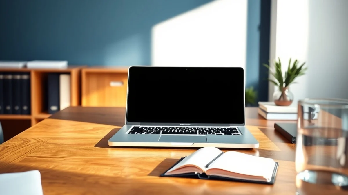 Mesa de escritório de advocacia pela manhã, com notebook, caderno, caneta e uma planta sob luz natural suave